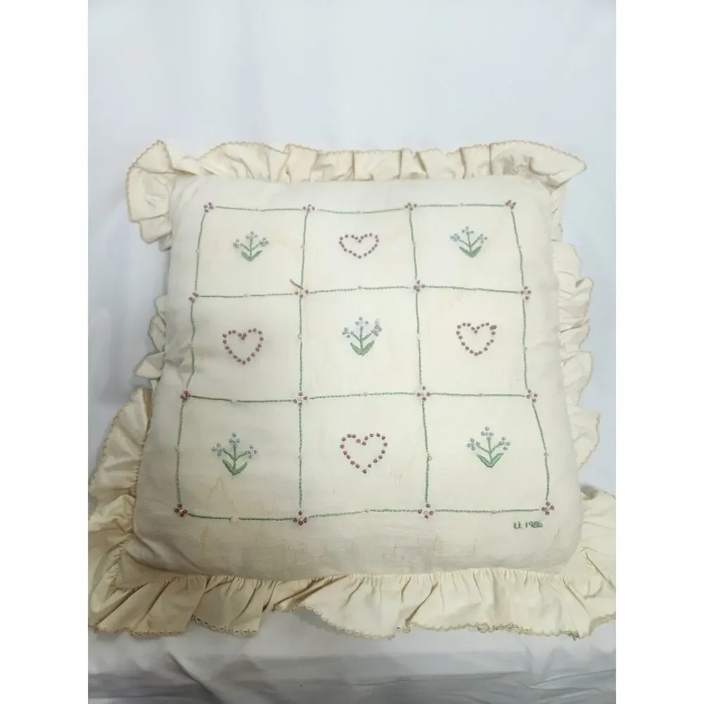 Vintage Handmade Embroidered Cottagecore Ruffle Throw Pillow Hearts & Blue...